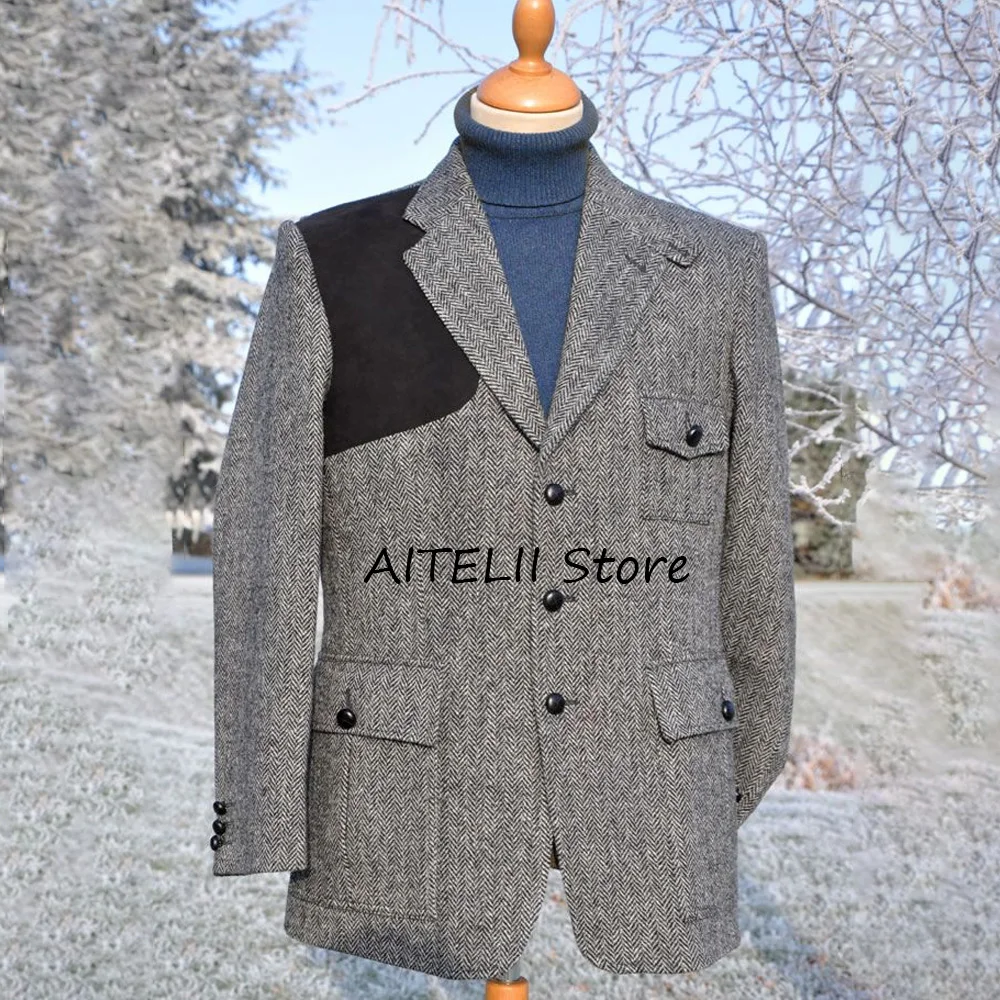 

Модные пиджаки, замшевые пиджаки с большими карманами для мужчин, однобортные костюмы, мужская куртка из ткани «елочка», мужская куртка