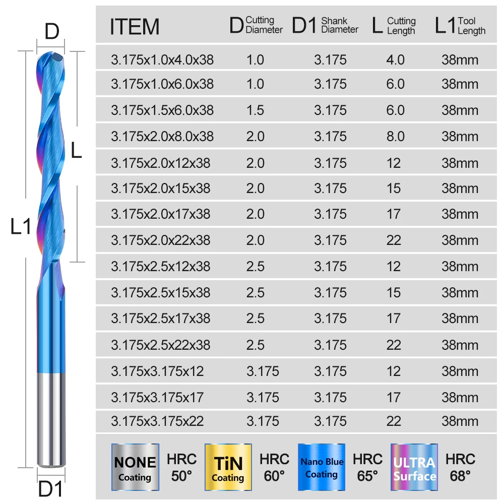 XCAN freze kesicisi 3.175mm Shank Ball burun End Mill karbür 2 flüt Spiral freze uçları CNC gravür Bit