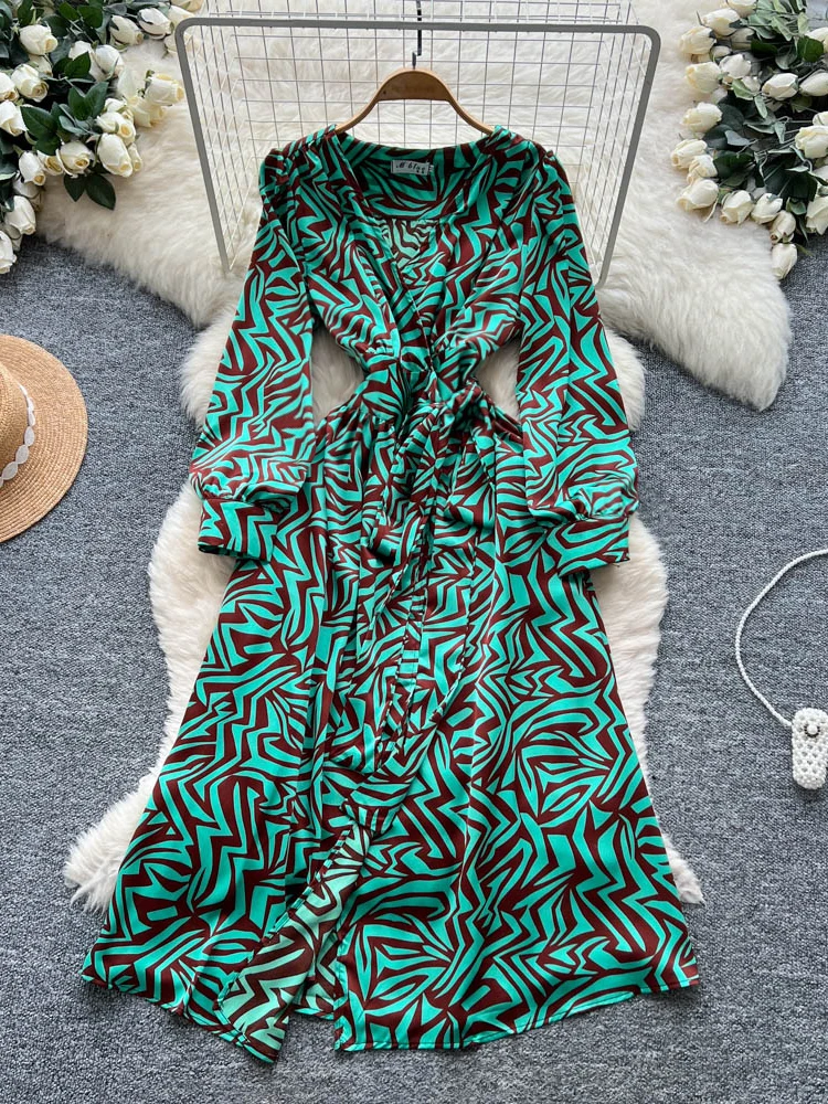 Ele V-Ne Long Sve Print Satin Wrap Waist Dr Women's Autumn Season High Waist A-Line Dr Ci Commute Sle