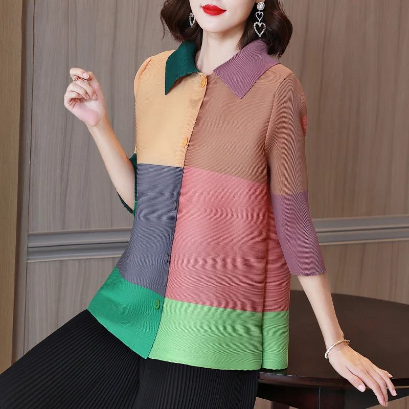 Blouse 2023 pleated color matching fashion POLO collar cardigan with 3/4 sleeves western-style blocking top shirt blouse female