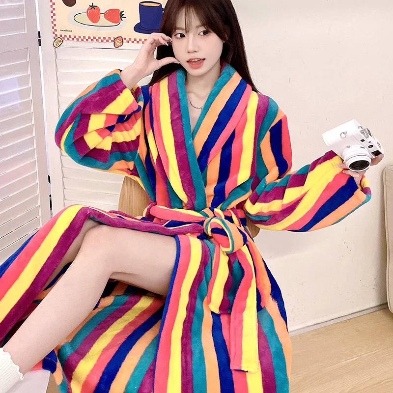 

Rainbow Stripes Womens Bathrobe Ladies Fleece Plush Warm Long Robes Nightgown Kimono Dressing Gown Female Sleepwear