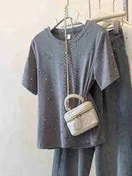 Women Clothing Fashion Rhinestone Casual Street Short Sleeve T-shirt 2024 Summer Female Y2K Solid Chic O Neck Loose Cotton Tops