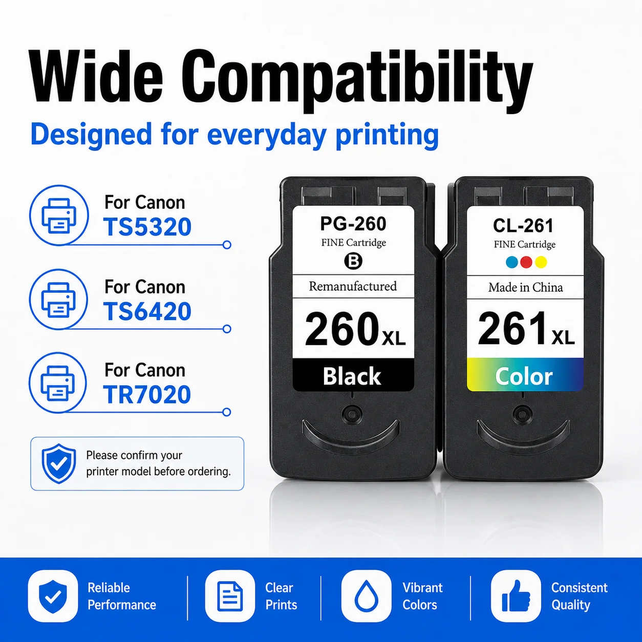 PG-260XL CL-261XL Compatible Ink Cartridge Set for Canon TS5320 TS6420 TR7020 Printer Black Color 2-Pack