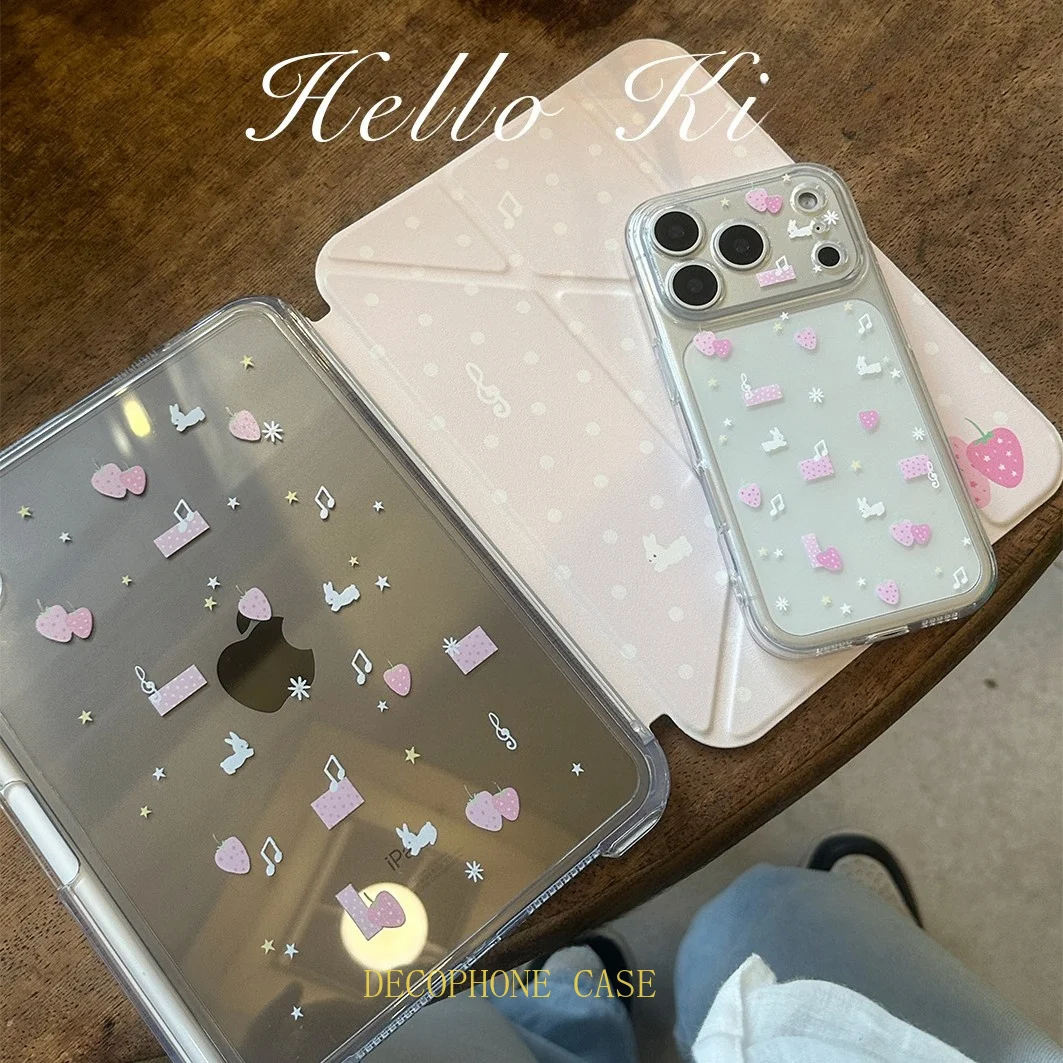 

ins Strawberry polka dot bunny 3+Y-fold case For iPad 10th 11th Gen 7/8/9 10.2''/Air 4 5 6 7 11/ 9.7 Pro11Mini 6 7 12.9"/13"