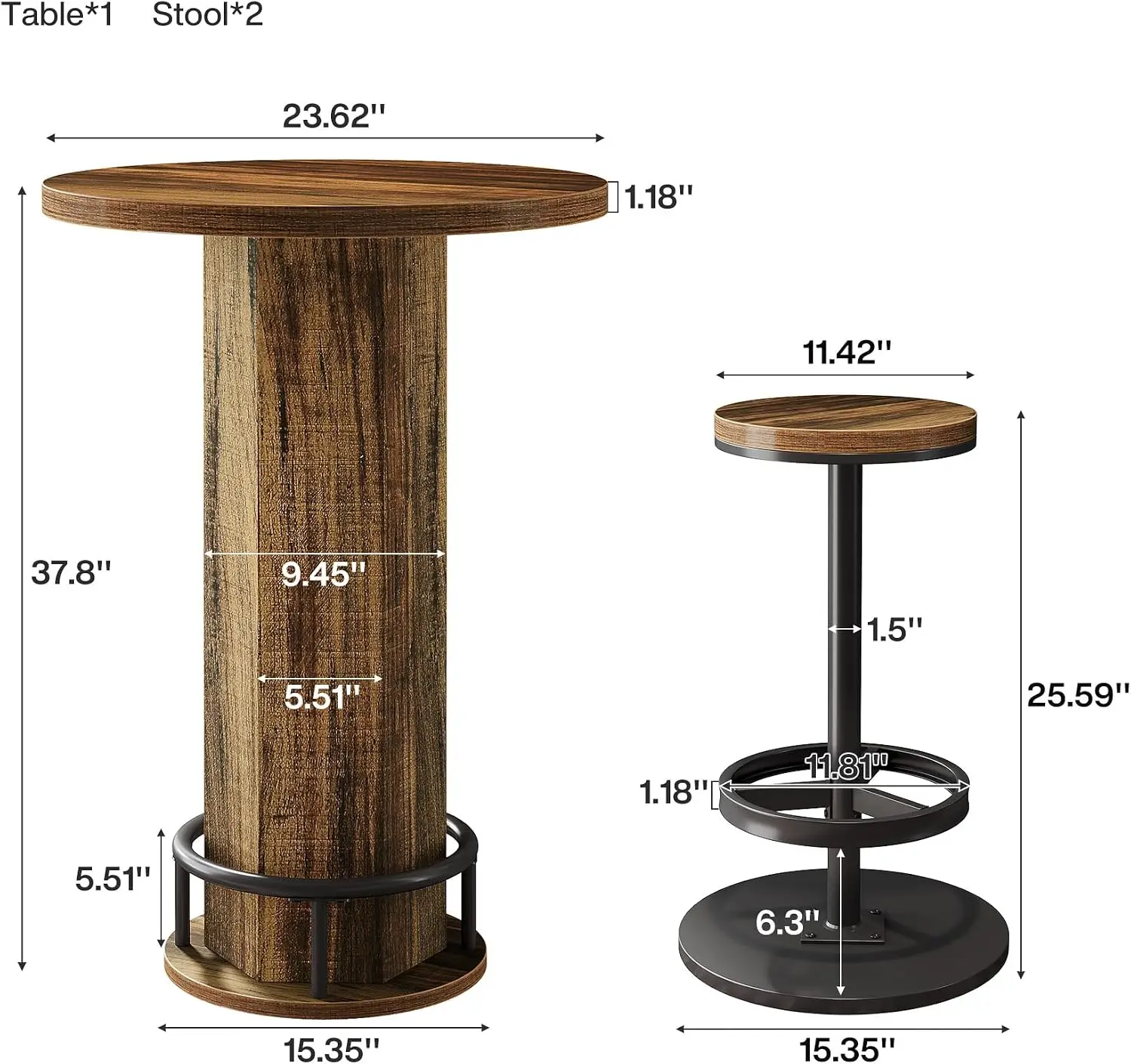 Round Bar Table with Chairs, Industrial Bistro Sets with 2 barstools, Pub Cocktail Table with Metal Ring Footrest for Kitchen Nook, Apartment, Small Space