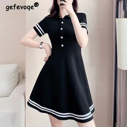 Women's Fashion Striped Short Sleeve Polo Collar T Shirt Dresses Summer High Waist Elegant Sweet Slim A Line Midi Dress Vestidos