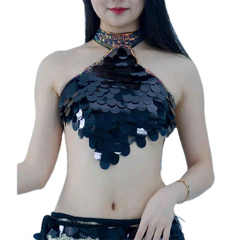 Sujetador con flecos brillantes para mujer, Top con cuello Halter para danza del vientre, baile de Gatsby, lentejuelas brillantes, Tribal, Push Up, disfraz, ropa de Club