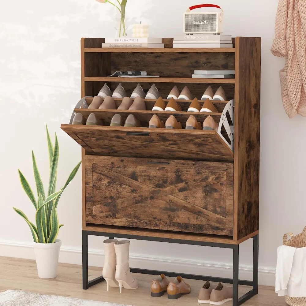 

Entryway Shoe Cabinet with 3-Tier Storage, 2 Flip Drawers & Metal Legs - Adjustable Shoe Rack Organizer for Hallway