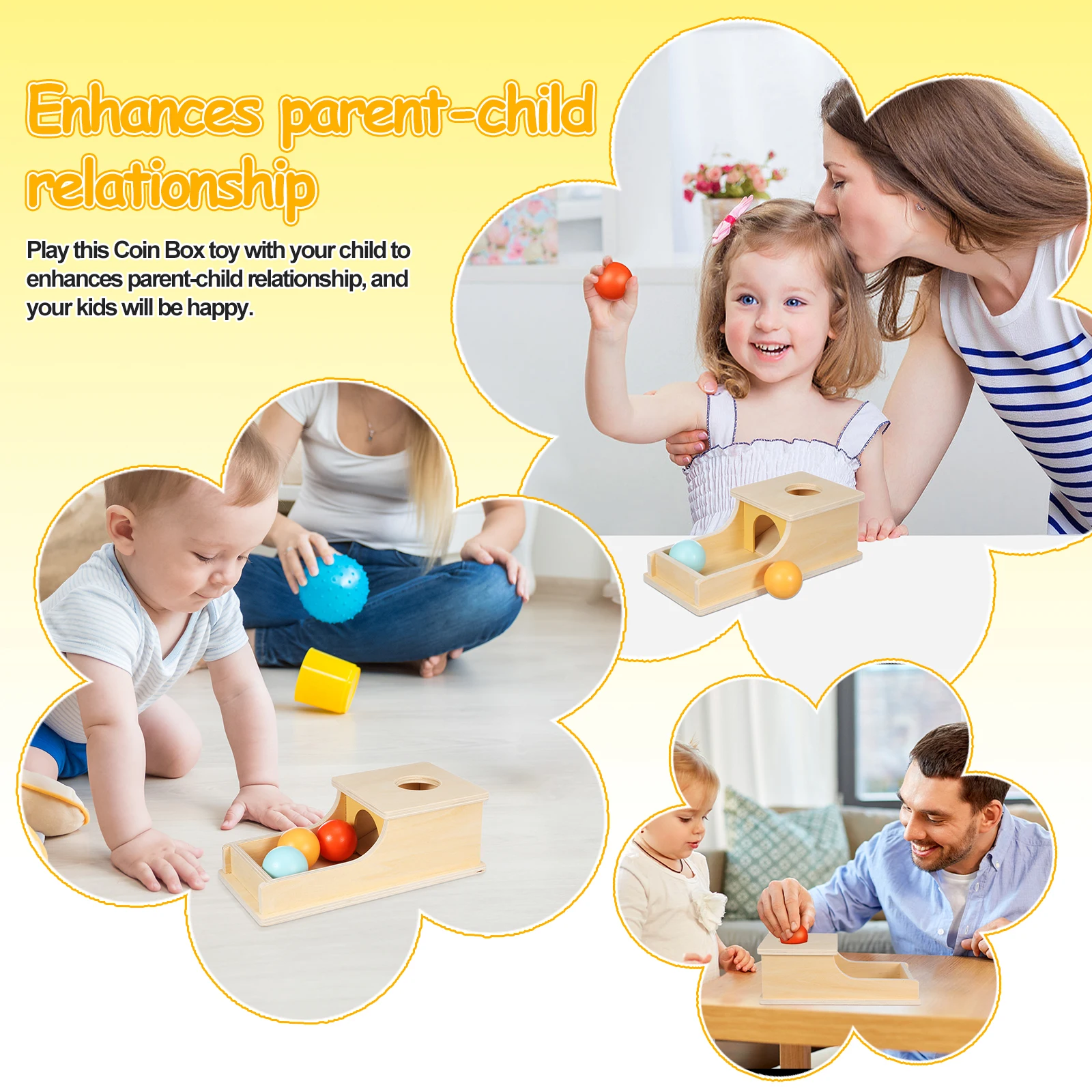 Drewniana skarbonka dla dzieci, edukacyjna, rozwijająca intelekt, motorykę, naukę, rozpoznawanie kolorów, wczesny rozwój.