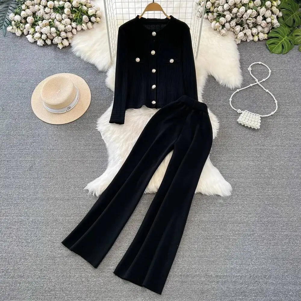 Korea Chic Minority O Neck Knit Cardigan Straight High Waist Slim Wid Leg Pants Solid Casual Personalized Suit Pant