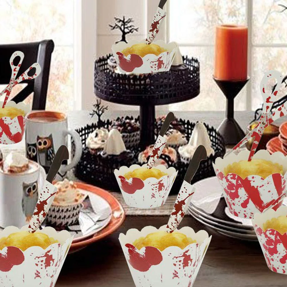 

12 set Cupcake Rim Halloween Cake Decor Blood Handprint Insert Creative Bat Design Food Grade Baking Tool For Home Kitchen Bar