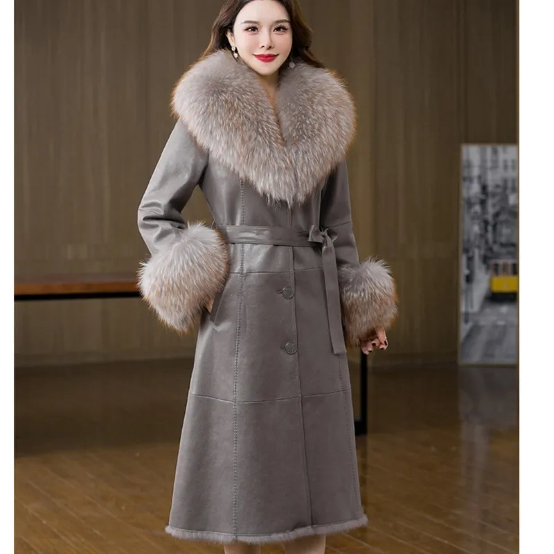 

2022 Women Winter Coat with Real Raccoon Fur Collar Genuine Rabbit Fur Skin Leather Jacket Long Real Fur Cuff Slim Outwear