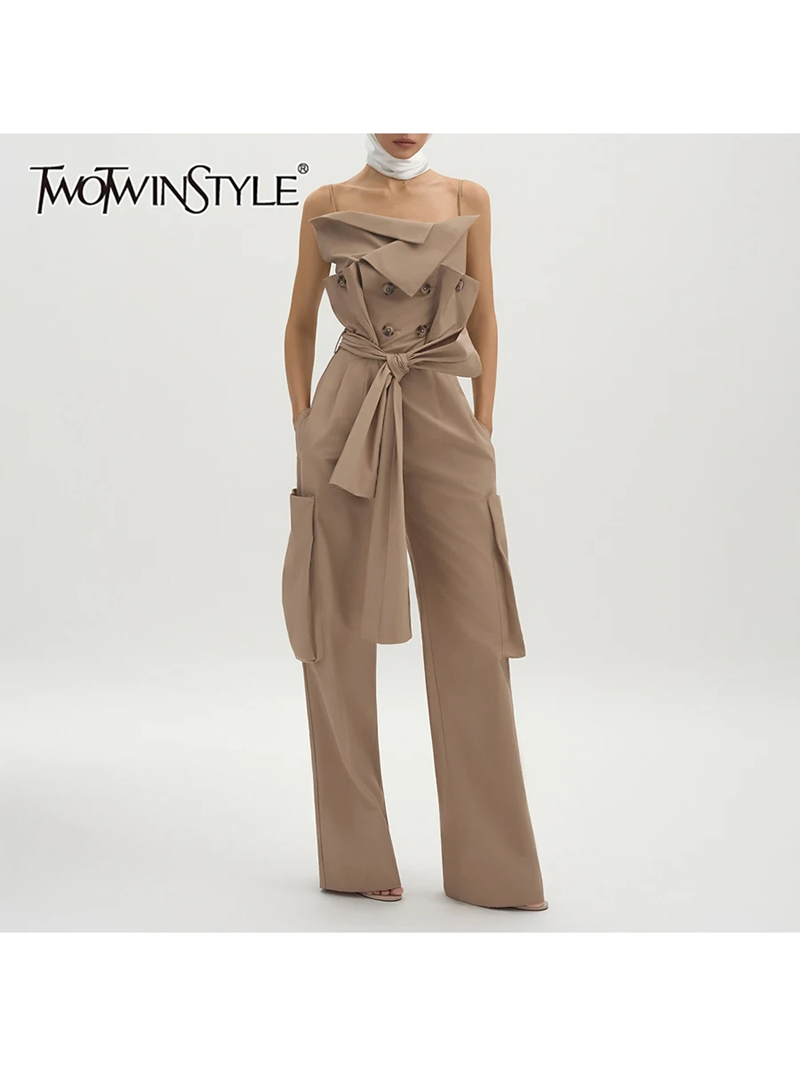 จั๊มสูท TWOTWINSTYLE แบบมีกระเป๋าต่อผ้า ดีไซน์เก๋สำหรับผู้หญิง แบบไม่มีสาย ไม่มีแขน แต่งผ้าลูกไม้ผูกเชือก ทรงไม่สมมาตร