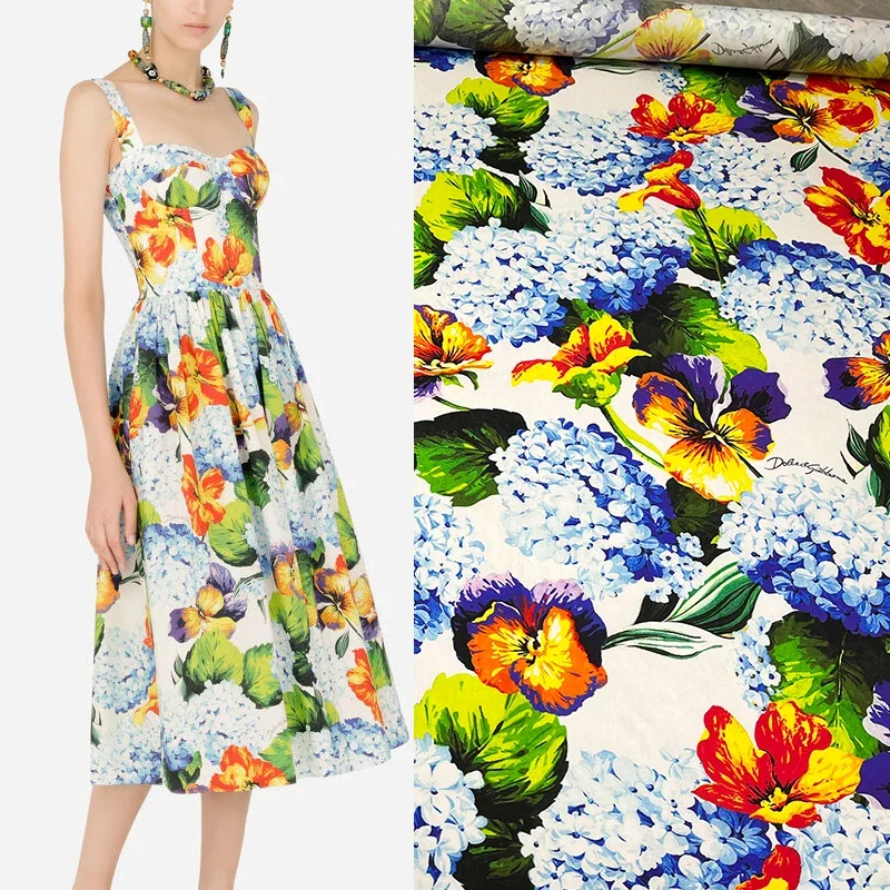 Italian Brand Natural Cotton Poplin Fabric for Sew Dress Fashion Floral Printed Polyester Desing Cloth by the Meter Material