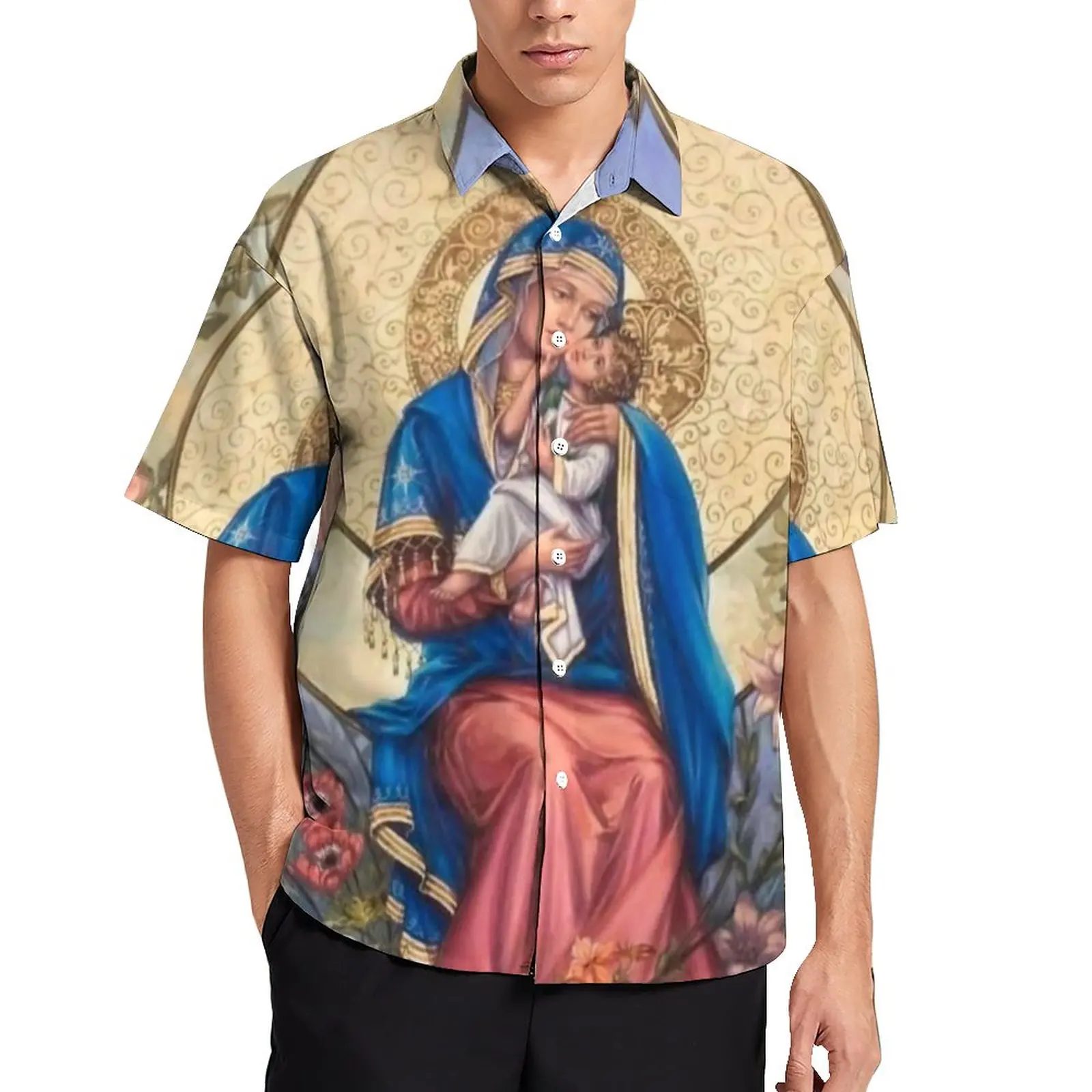 Summer Virgin Mary 3D Print Shirts Men Fashion Shirt Casual Vintage Streetwear Hawaiian Short Sleeve Shirt Blouse Man Clothing