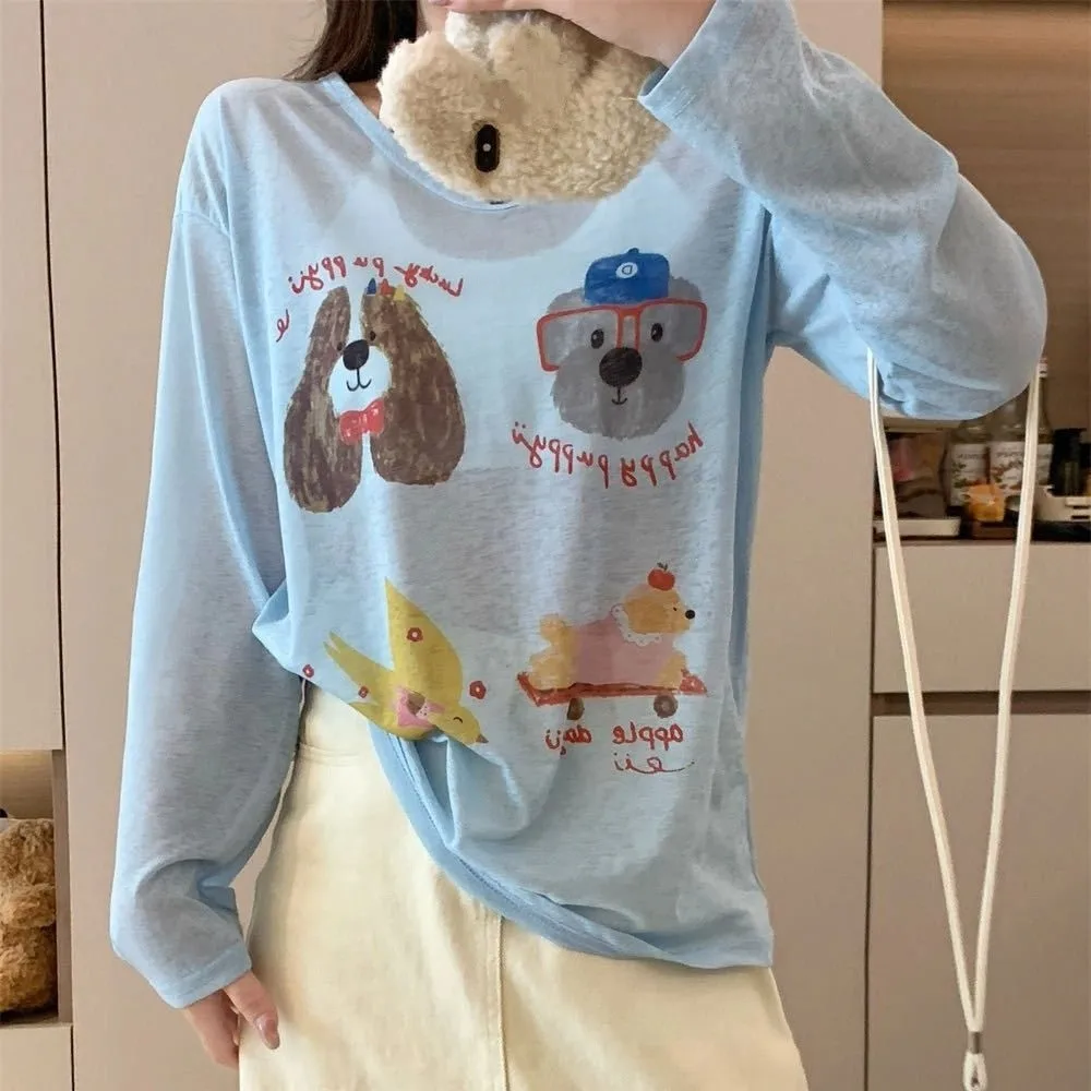 

Thin Dog Print Graphic T-shirt Sunscreen Loose Cartoon Animal Long Sleeved Top Cartoon Elastic Round Neck Oversized T-shirt