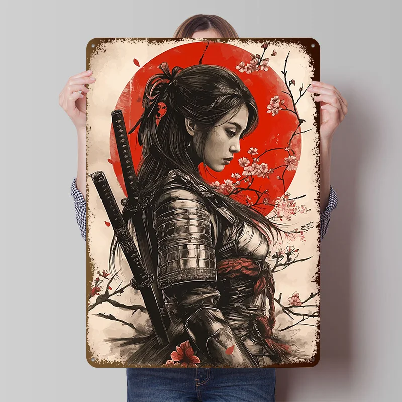 Samurai Woman With Cherry Blossoms Tinplate Posters Customizable Wall Art Retro Vintage Metal Signs for Home Room Office Decor