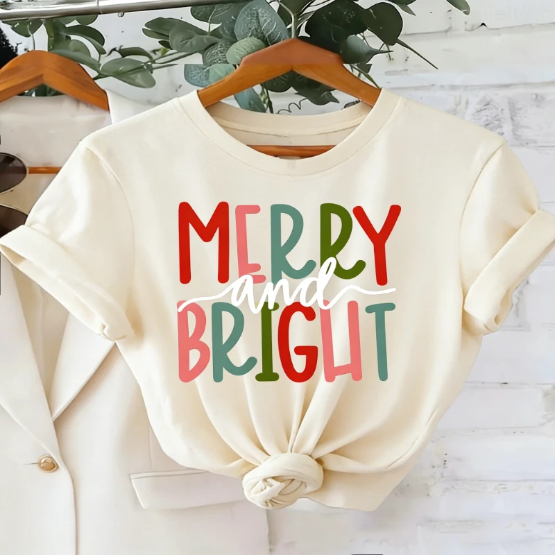 Merry and Bright Letter Print T-Shirt Sleeve Crew Neck Casual with Red Green Holiday Design Aesthetic Clothes Unisex T-shirt