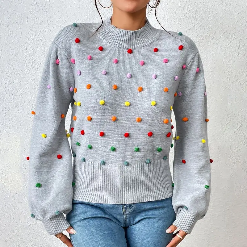 Fashion Knit Winter Women Long Sleeve Pullover Elegant O Fur Ball Decoration Mock Neck Beaded Sweater