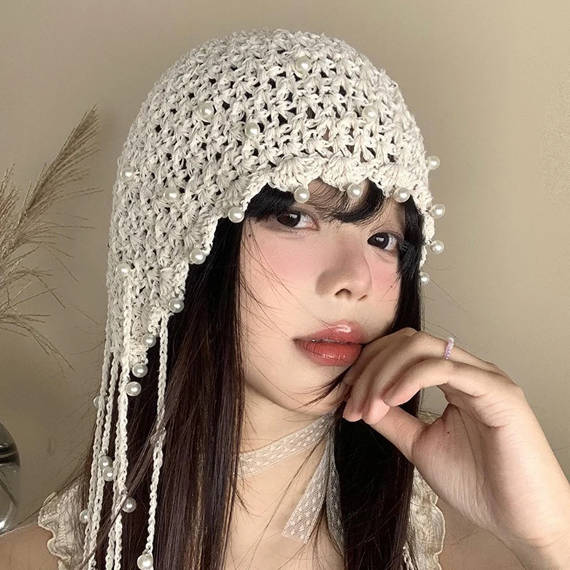 

New Hollow Out Pearl Tassel Pendant Headband Hats Women Summer Ethnic Style Knitted Pullover hat Retro Trendy Thin Version Caps