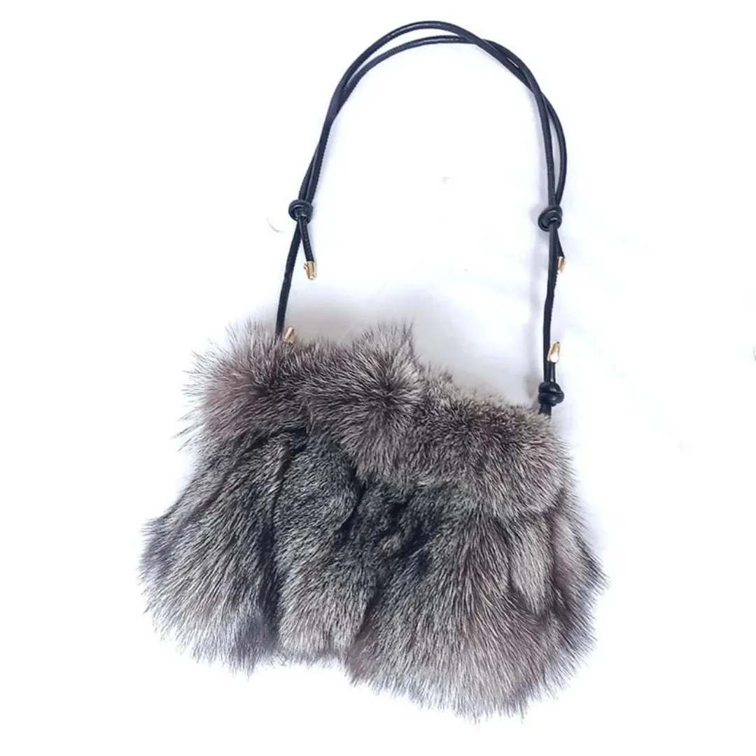 Genuine Fox Fur Crossbody Shoulder Bag Women Luxury Real Fur Leather Spliced Adjustable Strap Winter Fashion Small Casual Bag
