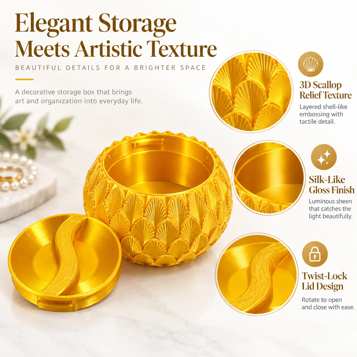 Shell Relief Jewelry Box 3D Print Silk PLA Twist Lock Trinket Organizer Aesthetic Desk Storage for Rings Earrings Earbuds Gift