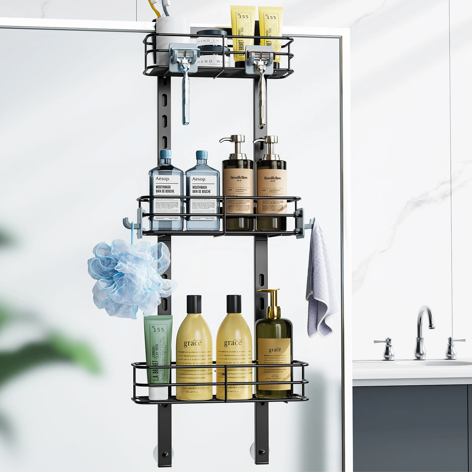 3 layers Waterproof Adjustable Metal Bathroom Shelf No Drilling Hanging on Door Storage Rack with Hooks Shower Rack Accessories