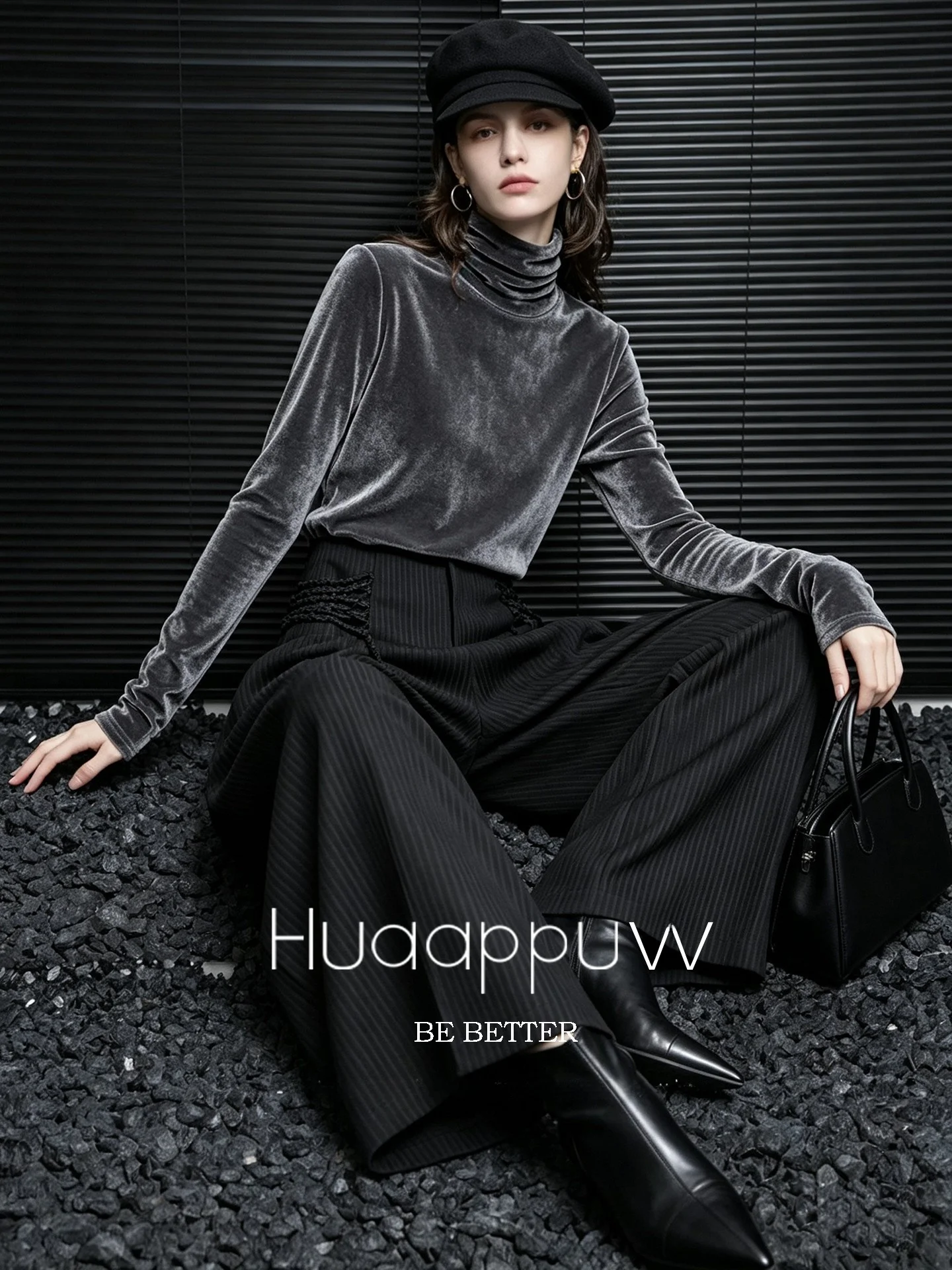 Huaappuw Black Asymmetrical Wide Leg Pants Women's Casual Versatile High Waist Trousers French Style Polyester Blend