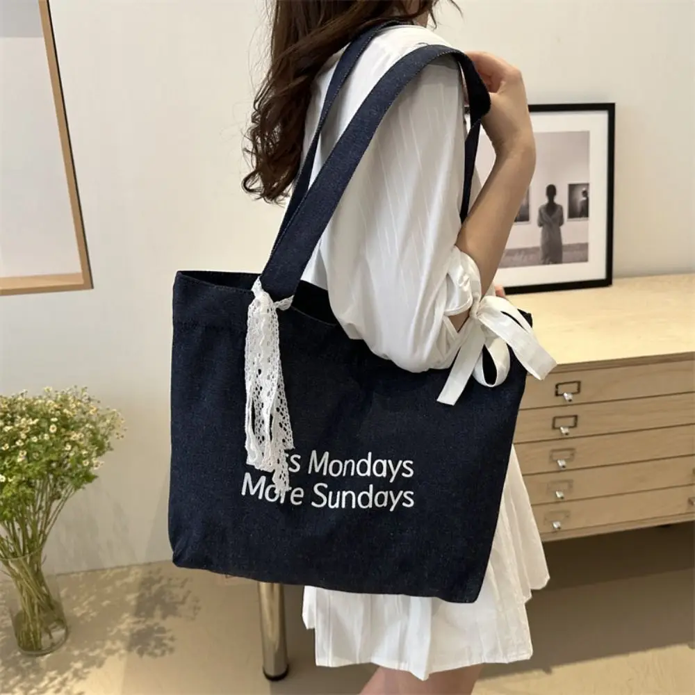 Large Capacity Denim Tote bag Multifunctional Fashion Printed handbag Shopping Bags Denim fabric Lace scarf shoulder bag