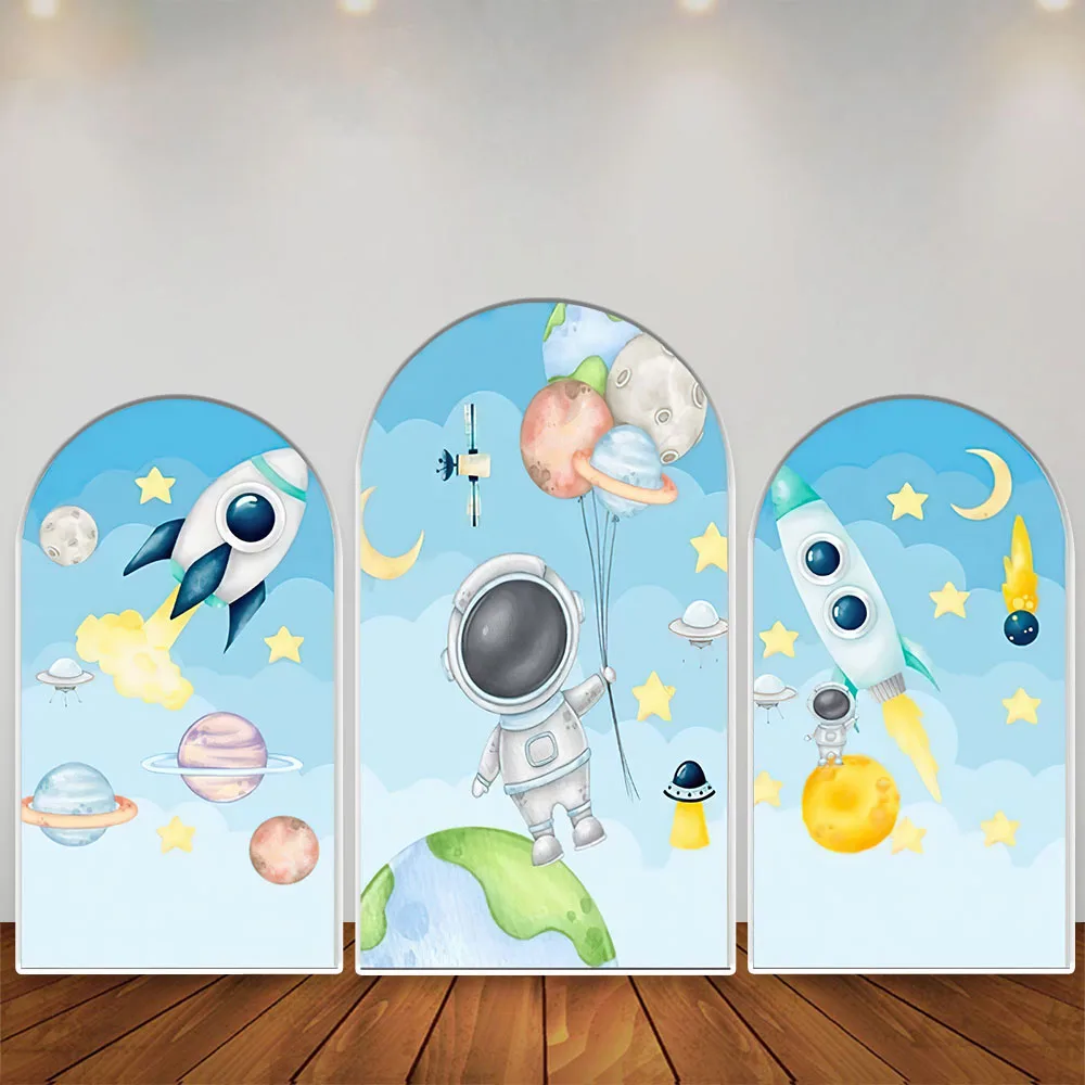 

LS Astronaut Space Arch Backdrop Cover Balloons Stars Sky Blue Boys Baby Shower Birthday Party Circle Background Wall Banner