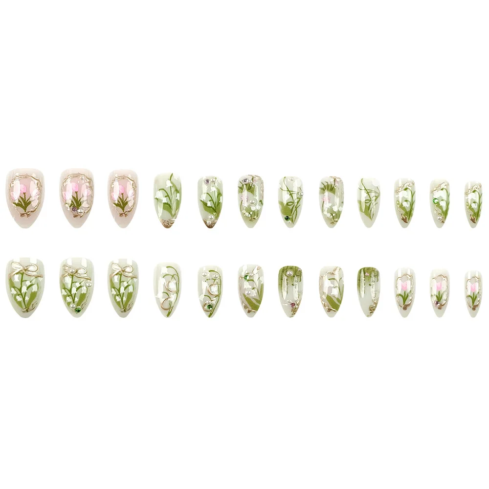 24 pçs reutilizáveis unhas adesivas imprensa em 3d moda imprensa em unhas conjunto primavera verão unhas falsas com design auto-prego atacado