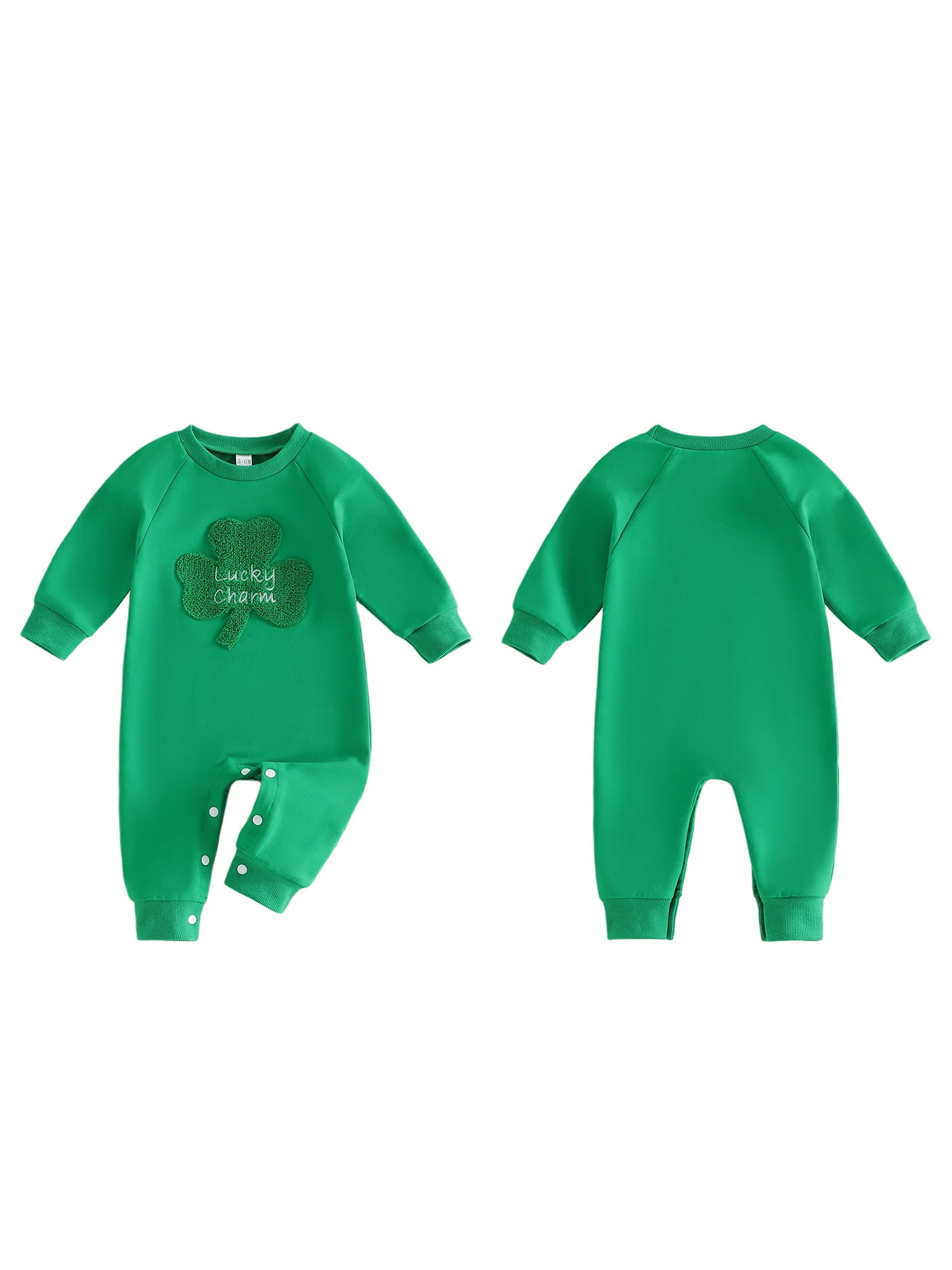 ชุดเด็กผู้ชายวันเซนต์แพทริค ชุดจั๊มสูทคอกลมแขนยาวพิมพ์ลายแชมร็อคสีเขียว ชุดรอมเปอร์ทรงหลวมพร้อมงานปัก