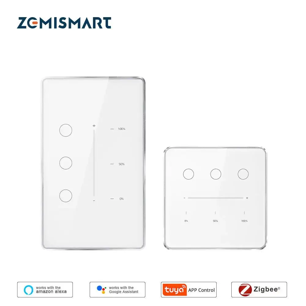 Zemismart Tuya Zigbee Smart Dimmer Switch 3 Gang Smart Life APP Remote Control US EU Standard Light Switch Percentage Control