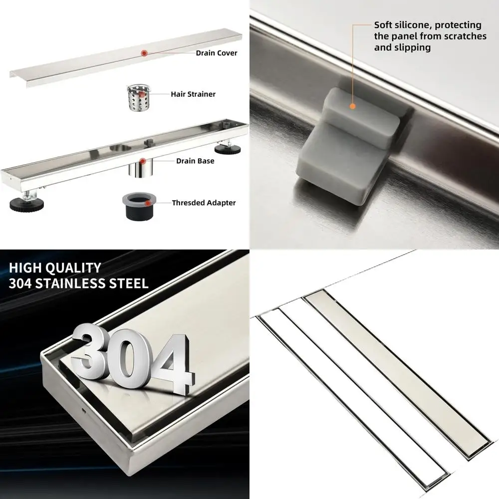 

32 Brushed 304 Stainless Steel Rectangular Shower Drain with Tile-In Cover and Adjustable Feet