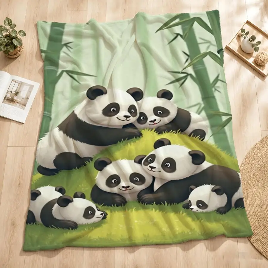 Cute Panda Bamboo Flannel Blanket- Soft and Warm, Featuring Tranquil Nature Illustrations, Perfect for Sofas, Beds, Offices, and