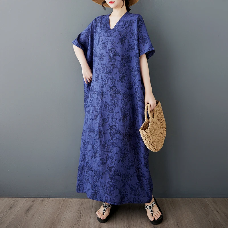 فضفاض مخطط على شكل حرف V دكتور للنساء مقاس كبير في منتصف العمر والأمهات Sle مزيج من القطن والكتان صيفي طويل Sve Dr #3