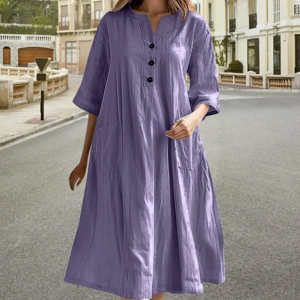 Robe mi-longue élégante à col en V, boutonnée, avec poches, pour les fêtes, ourlet trapèze, Design plissé, demi-manches, couleur unie