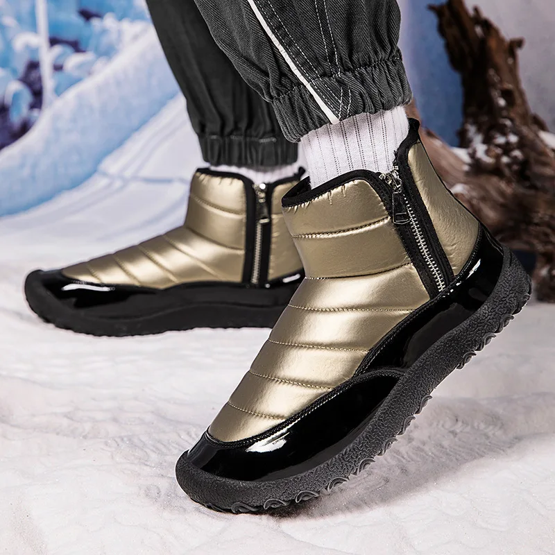 Botas de nieve impermeables de tela para hombre, botines cortos cálidos con diseño de cremallera lateral para exteriores, zapatos gruesos y de felpa de algodón para invierno