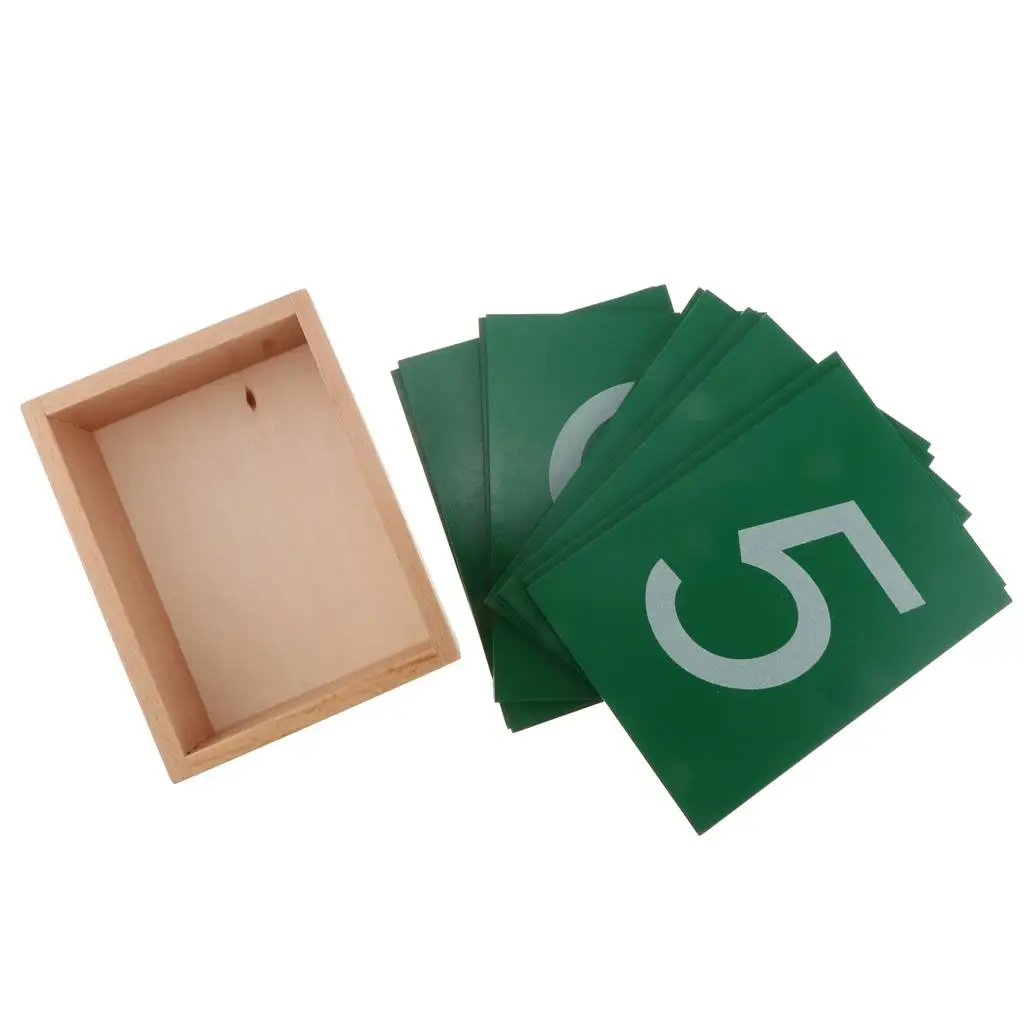 Montessori: Carta con numeri in scatola di legno (verde) da carta vetrata, bambini
