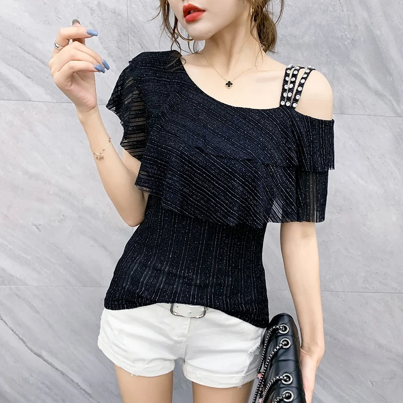 #7115 Black White Red Elastic Mesh T Shirt Women Ruffles Off Shoulder T Shirt Diamonds Sexy Women's T-shirt Thin Summer Tshirt