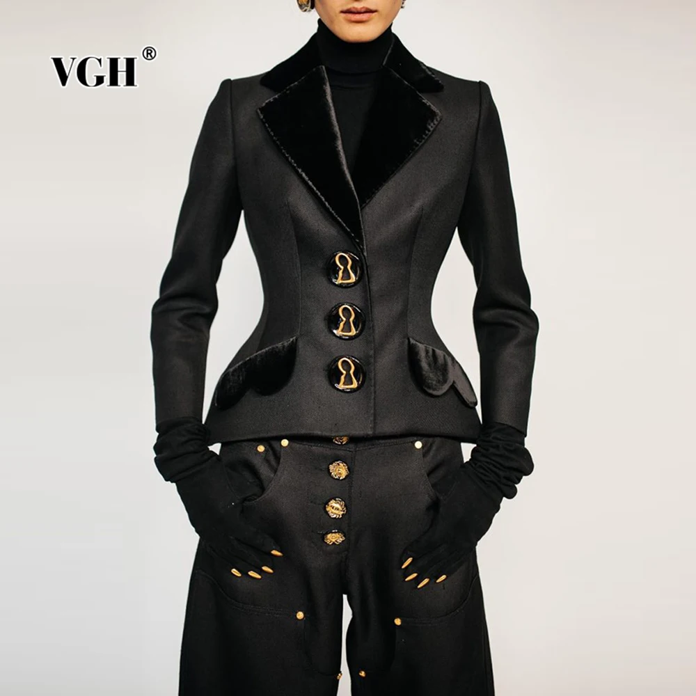 

VGH Chic Simming Two Piece Set for Women Lapel Long Sleeve Patchwork Metal Buckle Tunic Coat Long Trousers Outfits Female New