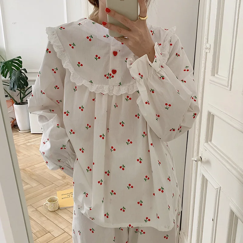 Sweet Cherry Print Autumn Pajamas Set Women O-Neck Long Sleeve Shirts + Trousers Cotton Two Piece Home Suit Ruffles Sleepwear