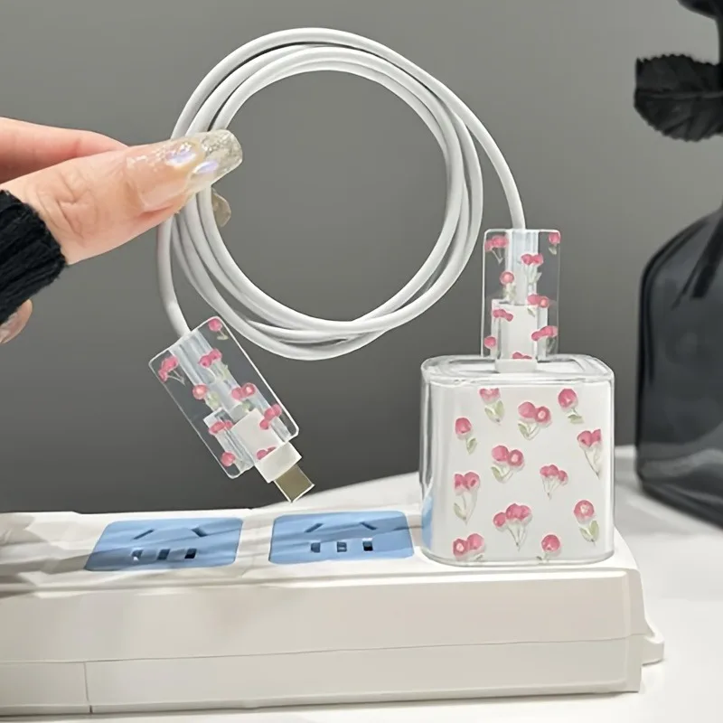 Pink Small Flower Print Cable Protection Case 18W/20W Suitable for 13/14 Plus Chargers iPhone 16 Pro max Charging Cable Shell