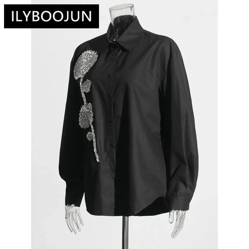 Imagem -04 - Ilyboojun-camisas Femininas Casuais com Apliques de Diamantes Lapela Manga Comprida Botão Emendado Camisa Feminina Solta Sólida 2023