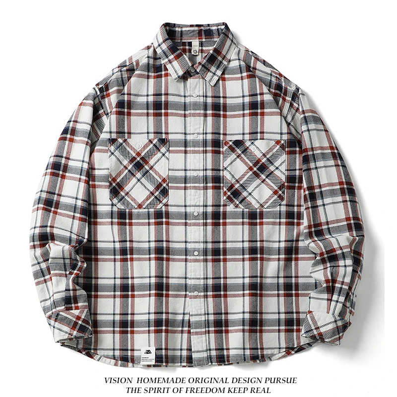 

Retro Japanese Sle Pure Cotton Waed Plaid Men's irt Spring Autumn Loose Casual y Outerwear Breathable Long Sve