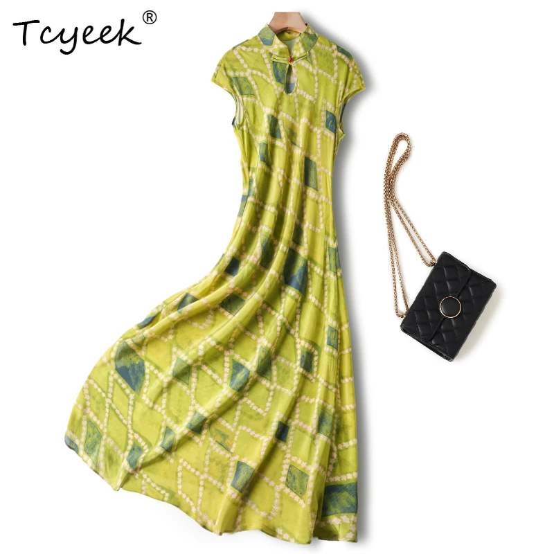 

Tcyeek 100% Mulberry Silk Summer Fish Tail National Style Cheongsam Short Sleeve Stand Up Collar Green Woman Dresses 원피스 여름