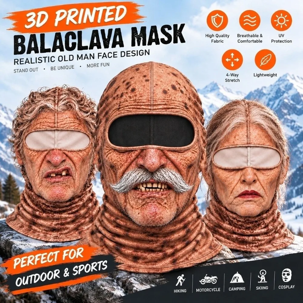 Prank 3D Printed Balaclava Ski Mask Warm Novelty Design Full Face Cover Old Man Pattern Windproof Face Cover Halloween Party