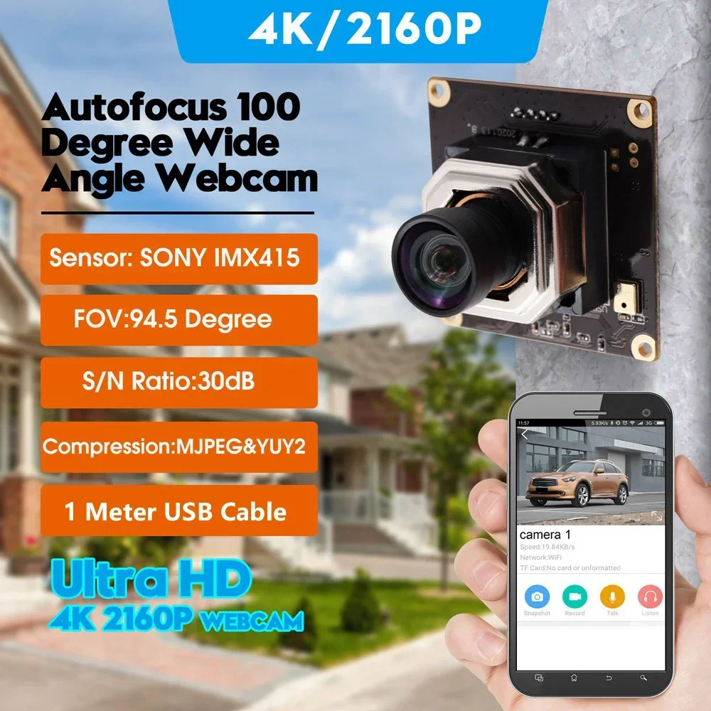 ELP Ultra HD 4K 30fps ضبط تلقائي للصورة كاميرا بمنفذ USB وحدة زاوية واسعة كاميرا ويب USB صغيرة مع عدسة تشويه 100 درجة للكمبيوتر الشخصي والPi والكمبيوتر المحمول