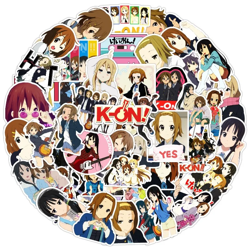 50-piece Set of New ‘K-On!’ Japanese Anime-style Doodle Skateboard Fridge and Wall Decals, Waterproof Bullet Journal Stickers