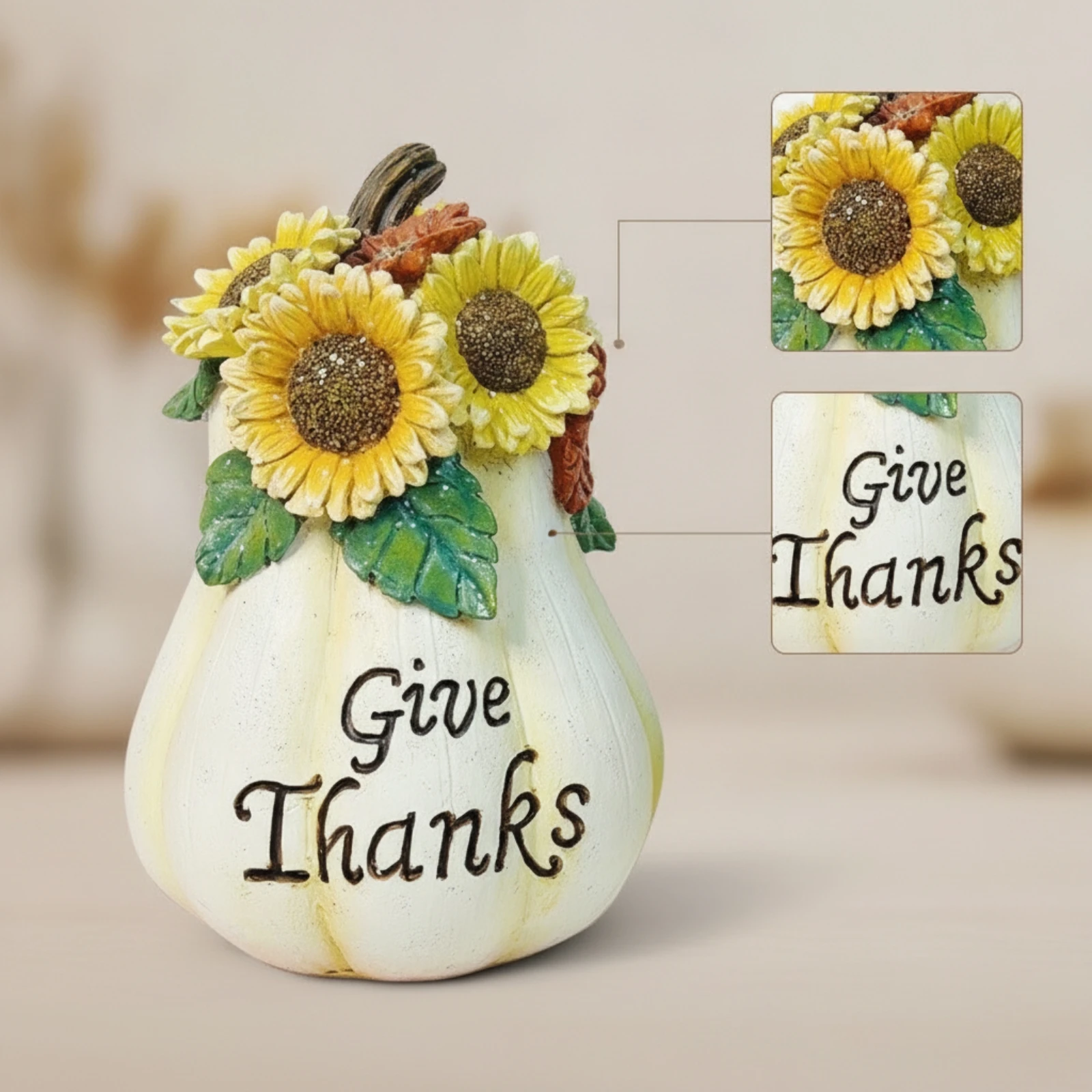 Pumpkin Figurine Fall Pumpkin with Sunflowers Rustic Freestanding for Shelf, Mantel view 4